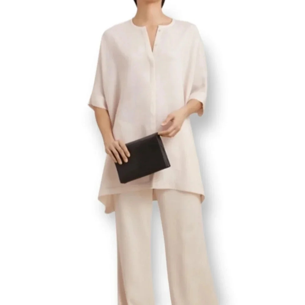 Aritzia Babaton Howard Tunic Short Sleeve Button Up Beige Crepe Oversized XS